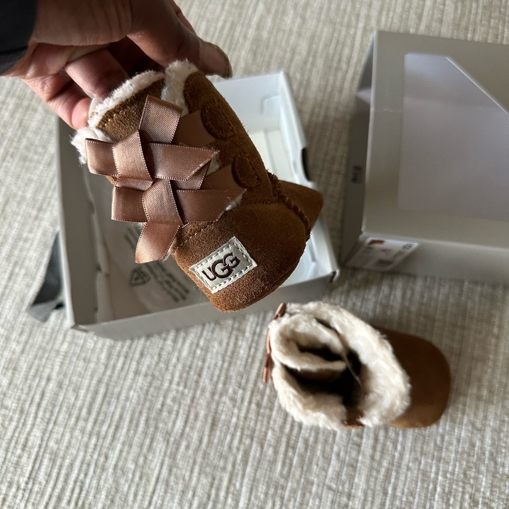 UGG Tan Baby Booties with Ribbon Accent W/ original box